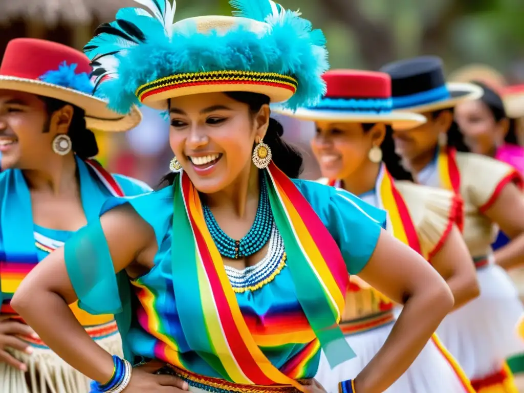 La imagen muestra a bailarines nicaragüenses danzando el Palo de Mayo con trajes coloridos y plumas, irradiando alegría y cultura