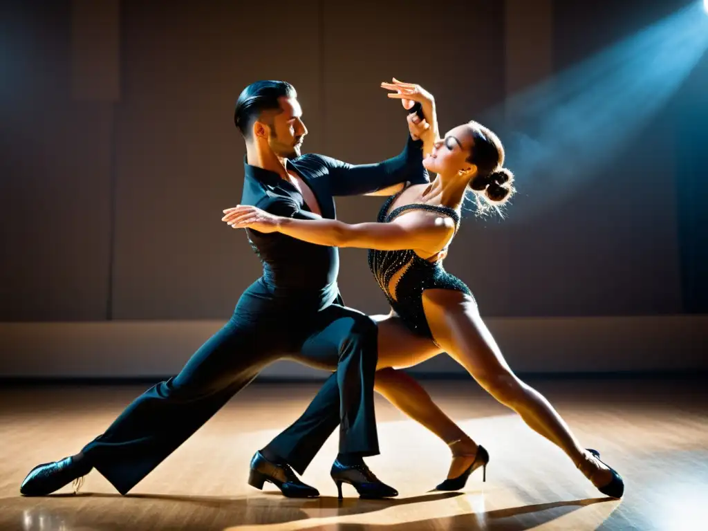 Imagen de bailarines de salón ejecutando una rutina sincronizada con gracia y fuerza, destacando la sincronización en danza en pareja