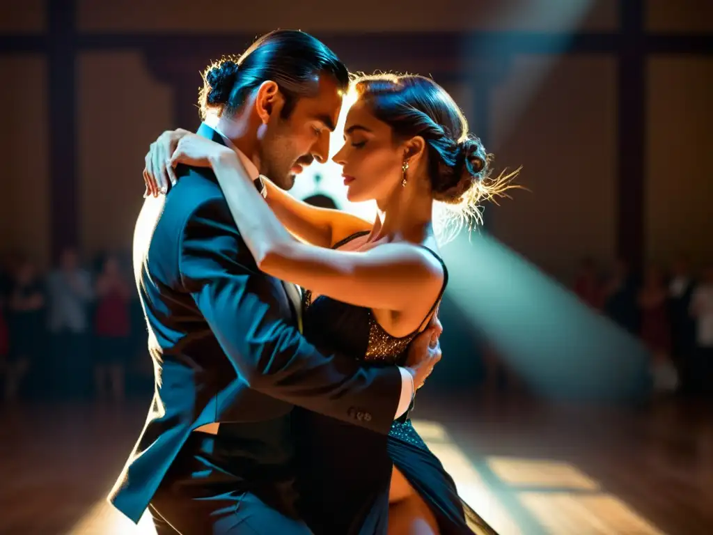 Una imagen de dos bailarines de tango en un abrazo apasionado, vistiendo trajes tradicionales