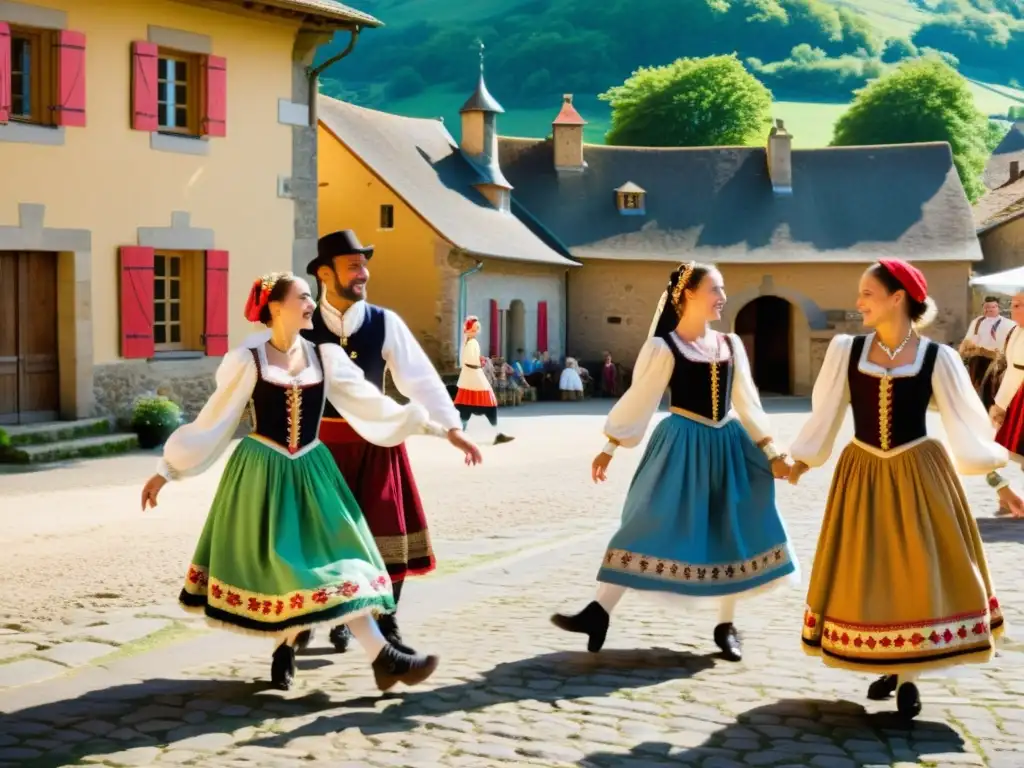 Imagen de bailarines tradicionales de Auvergne en animada danza bourrée, con trajes vibrantes y escenario rural de Francia central