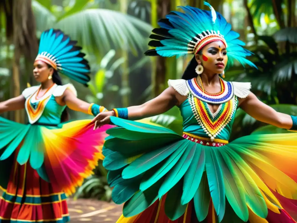 Imagen de bailarines tradicionales en trajes vibrantes, danzando graciosamente en la selva tropical