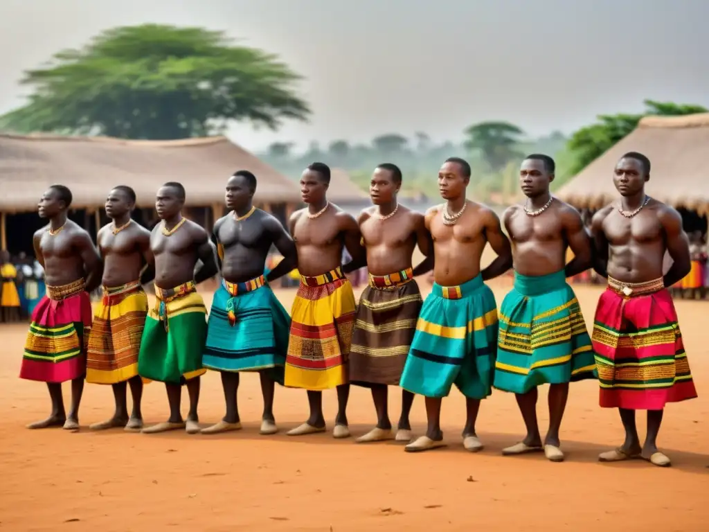 Deslumbrante danza tradicional Ewe en Togo Imagen de alta resolución de bailarines Ewe en vibrantes atuendos tradicionales durante una danza Agbekor en Togo