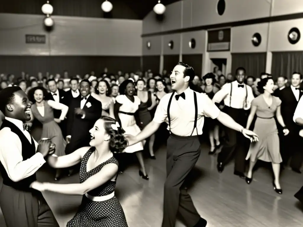 Imagen de baile animado de Lindy Hop en un salón de baile de los años 30, con la banda en el fondo y espectadores aplaudiendo