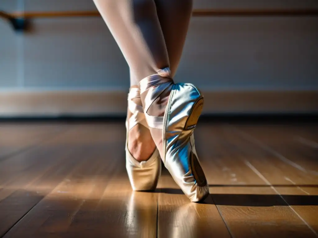 Imagen de ballet: pies de bailarina con zapatillas de punta, envueltos en tiza, en un estudio de danza