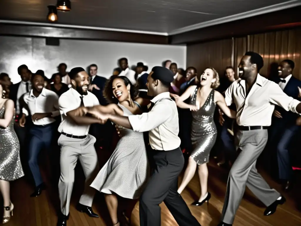 Imagen en blanco y negro de una abarrotada pista de baile en un club de jazz, capturando la influencia diáspora afroamericana del swing con energía y alegría