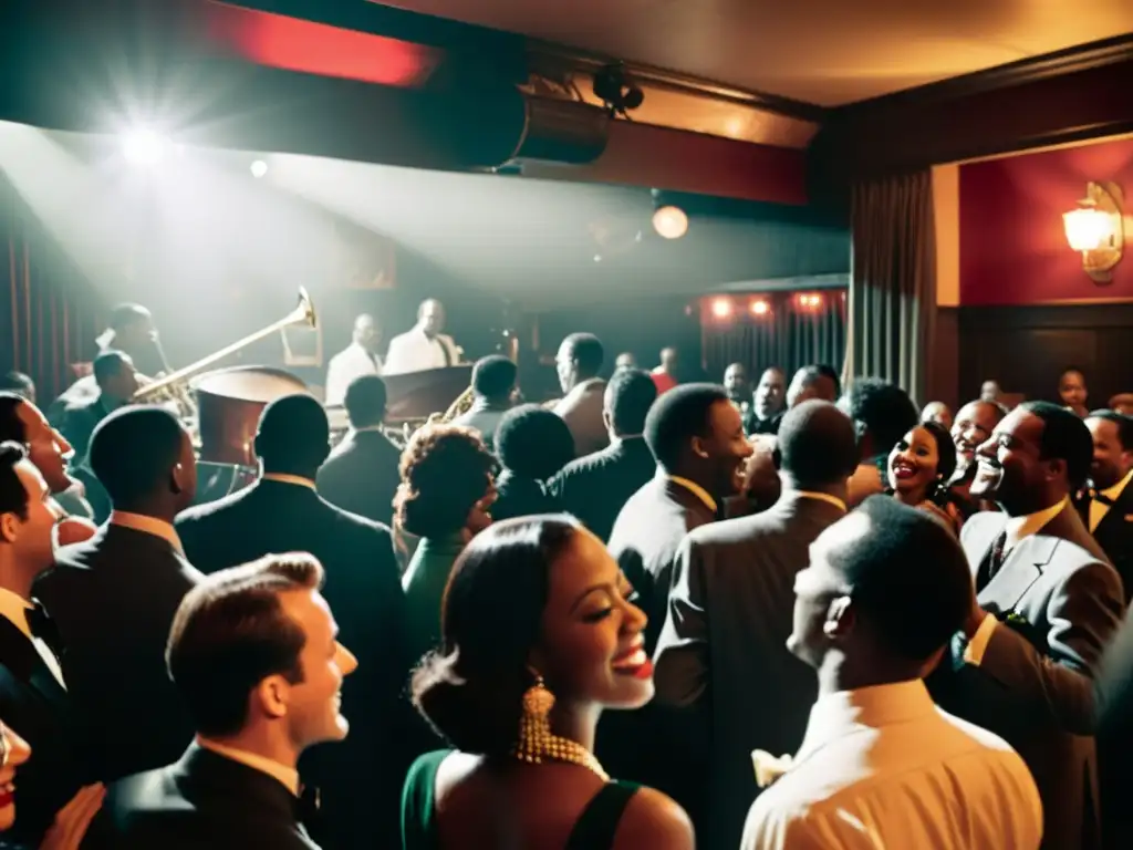 Imagen en blanco y negro de un animado club de jazz de la década de 1930, con una banda en el escenario y entusiastas bailarines