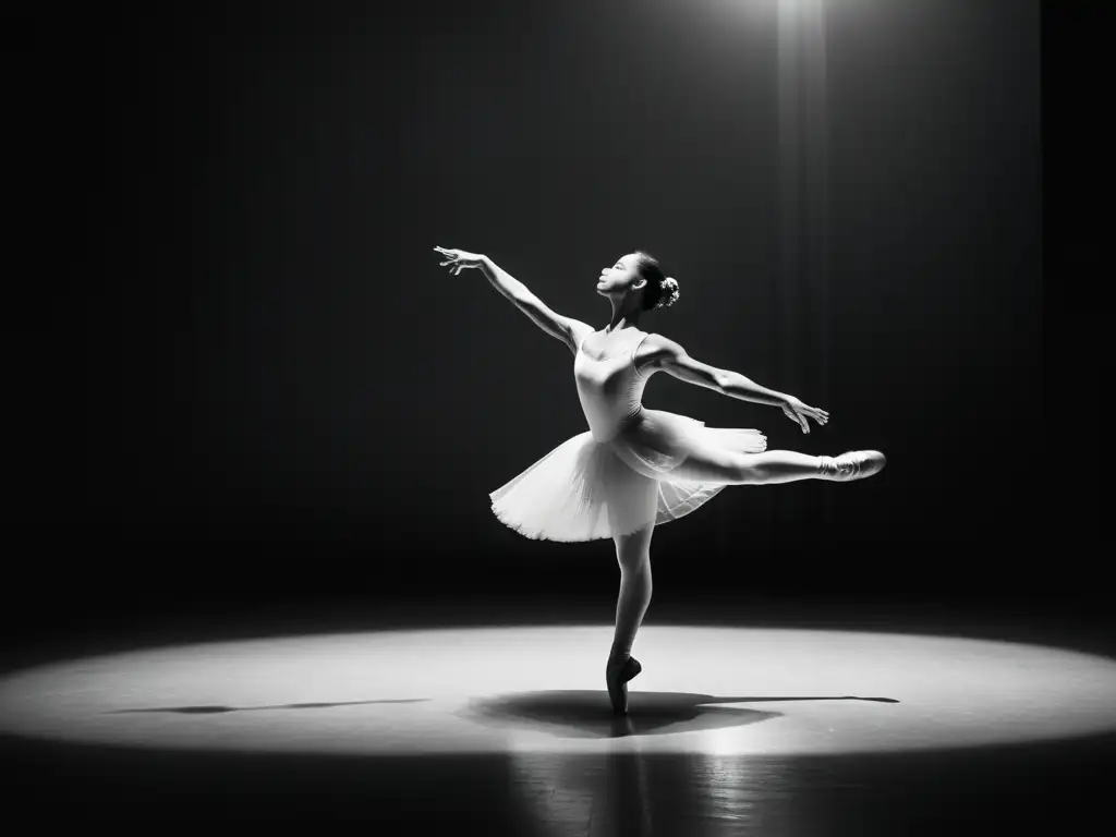 Imagen en blanco y negro de un bailarín histórico en pleno salto, iluminado por un foco en el escenario