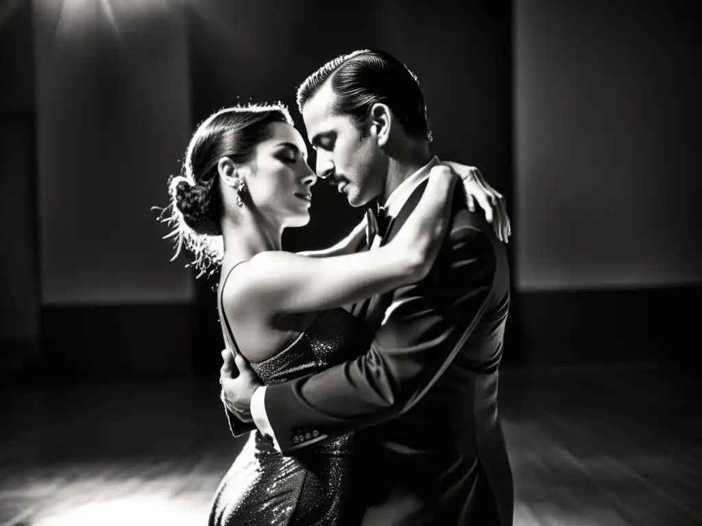 Apasionado abrazo de tango en blanco y negro Imagen en blanco y negro de dos bailarines de tango abrazándose apasionadamente, expresando emoción en la pista de baile