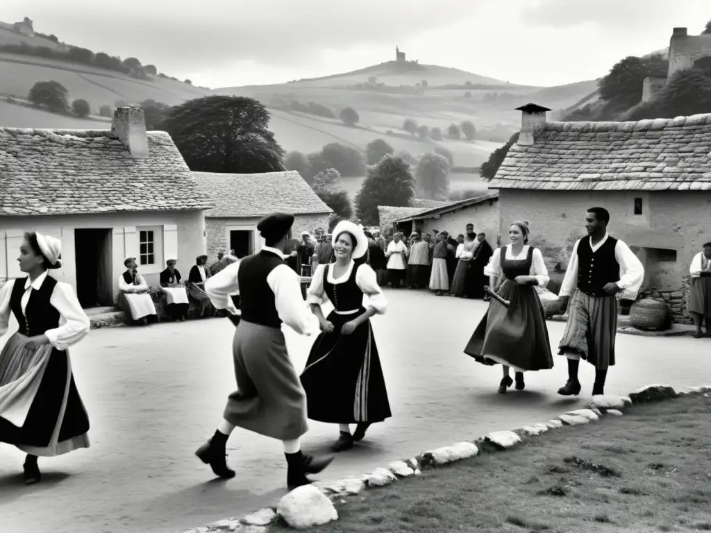 Una imagen en blanco y negro de campesinos franceses bailando la Bourrée en una plaza rural, rodeados de casas antiguas y colinas