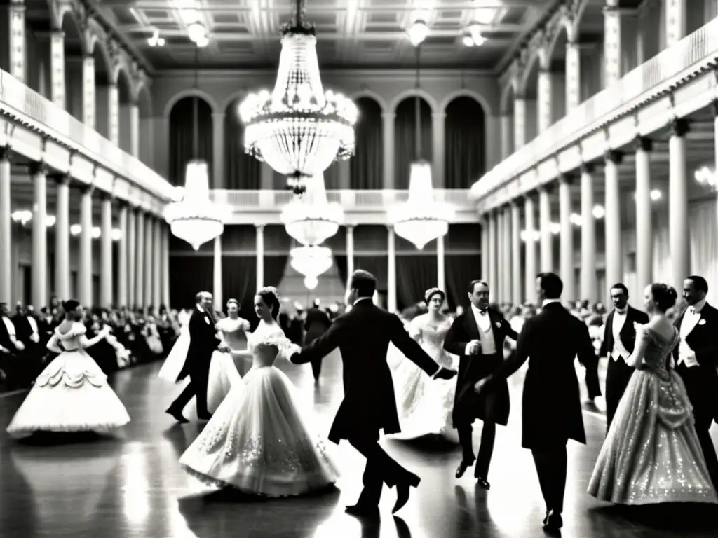 Imagen en blanco y negro de una elegante sala de baile del siglo XIX en Europa, donde parejas bailan la Quadrille