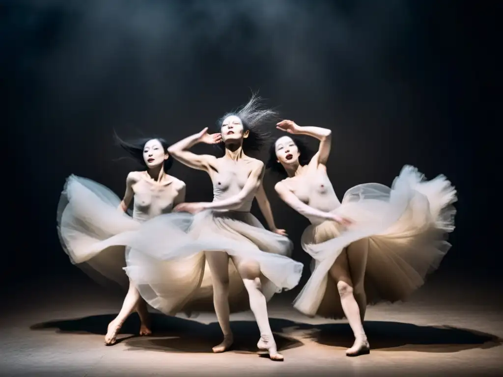 Imagen en blanco y negro de un grupo de bailarines Butoh en movimiento, con expresiones intensas y cuerpos contorsionados