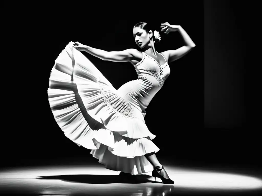 Imagen en blanco y negro de la legendaria bailaora de flamenco Carmen Amaya ejecutando un apasionado y dinámico baile