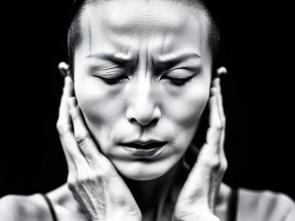 Una imagen en blanco y negro de un rostro contorsionado de un bailarín Butoh, con expresión intensa y manos en garra, transmitiendo angustia