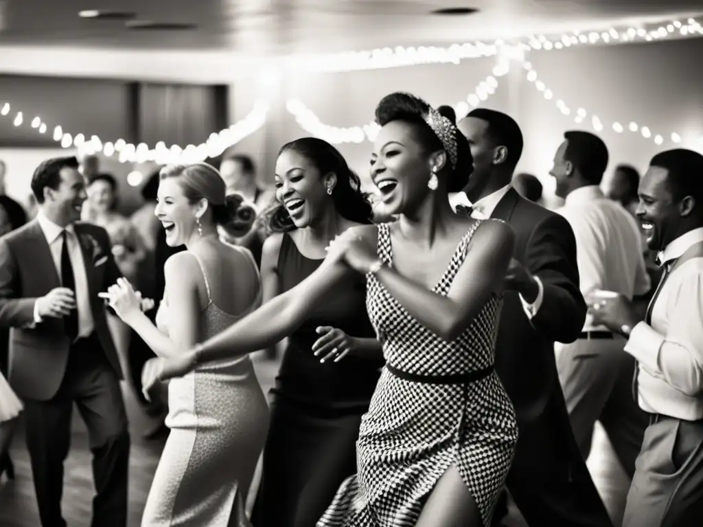 Imagen de un bullicioso salón de baile con gente vestida de época disfrutando de la música jazz, capturando la energía y significado cultural de la danza Swing