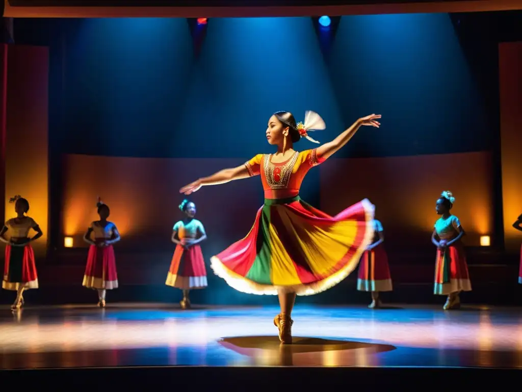 Imagen de un cautivador espectáculo de danza tradicional en un teatro tenue, evocando la rica historia cultural de la danza