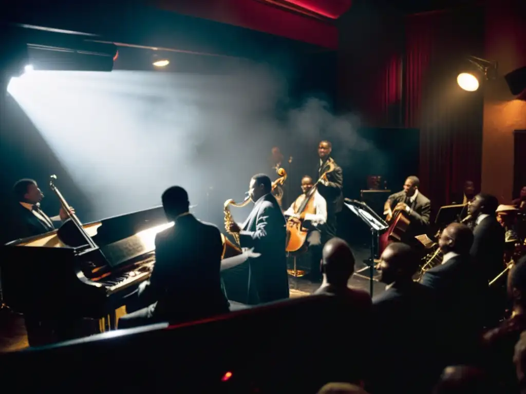 Imagen de un club de jazz en blanco y negro con músicos en el escenario, humo y una atmósfera nostálgica