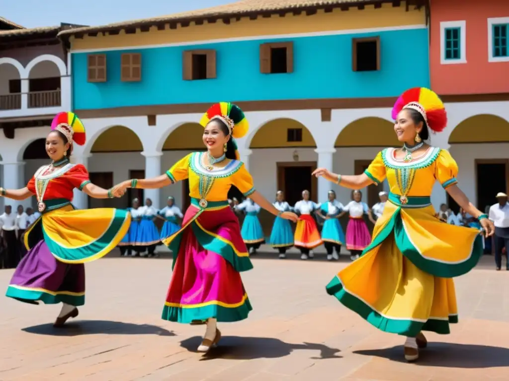 Imagen de una compañía de danza tradicional emprendedora, con trajes vibrantes y movimiento dinámico en una plaza animada