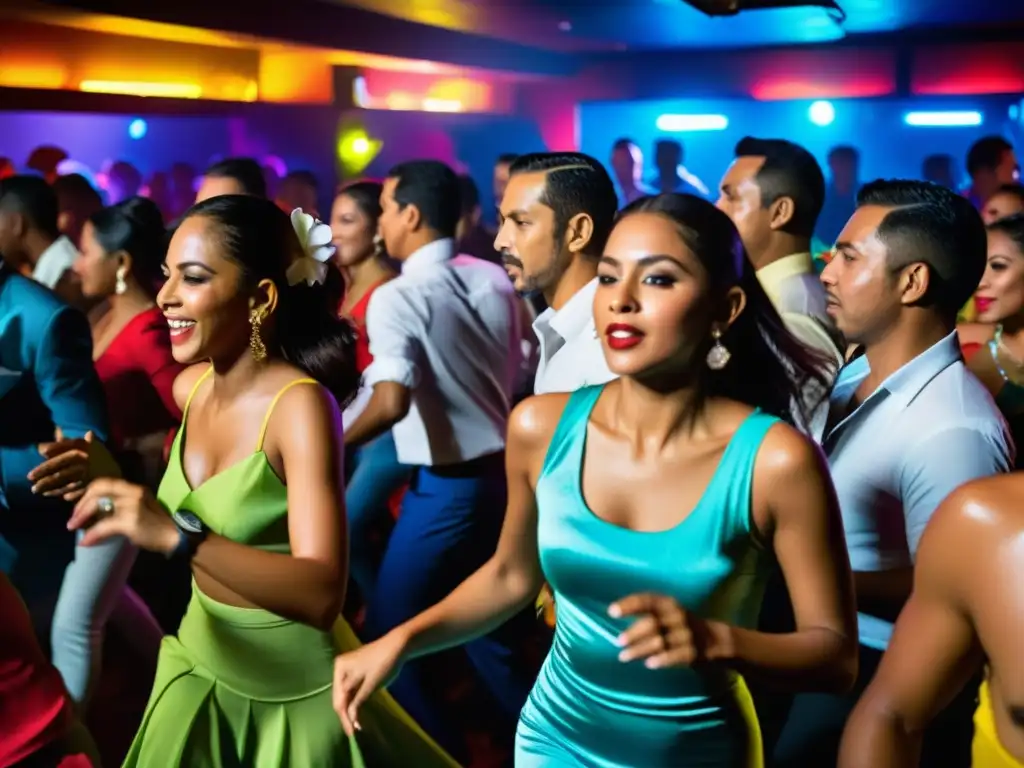 Una imagen de un concurrido club de salsa en Cali, Colombia, con bailarines apasionados y trajes coloridos