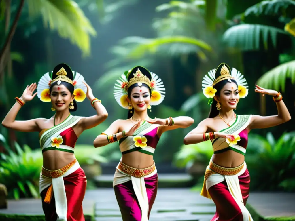 Una imagen de la transformación histórica de la danza balinesa, con un vibrante baile tradicional en un exuberante entorno tropical