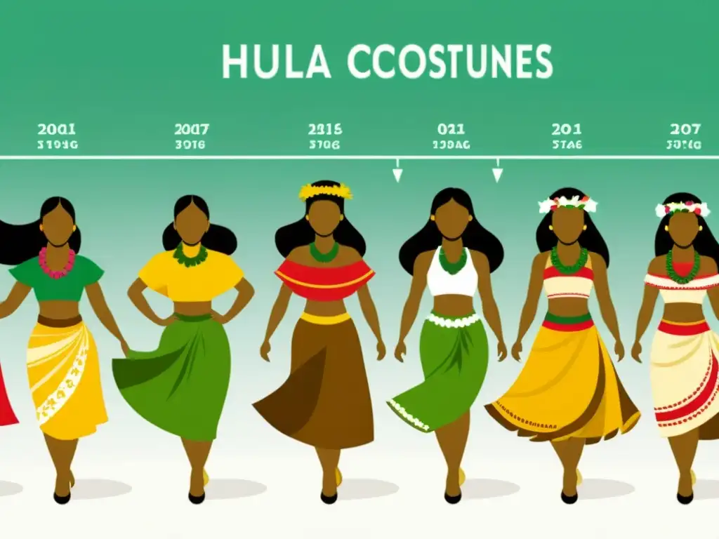 Imagen de la evolución de la danza hula, mostrando cambios en vestimenta y movimientos a lo largo del tiempo, reflejando su significado cultural