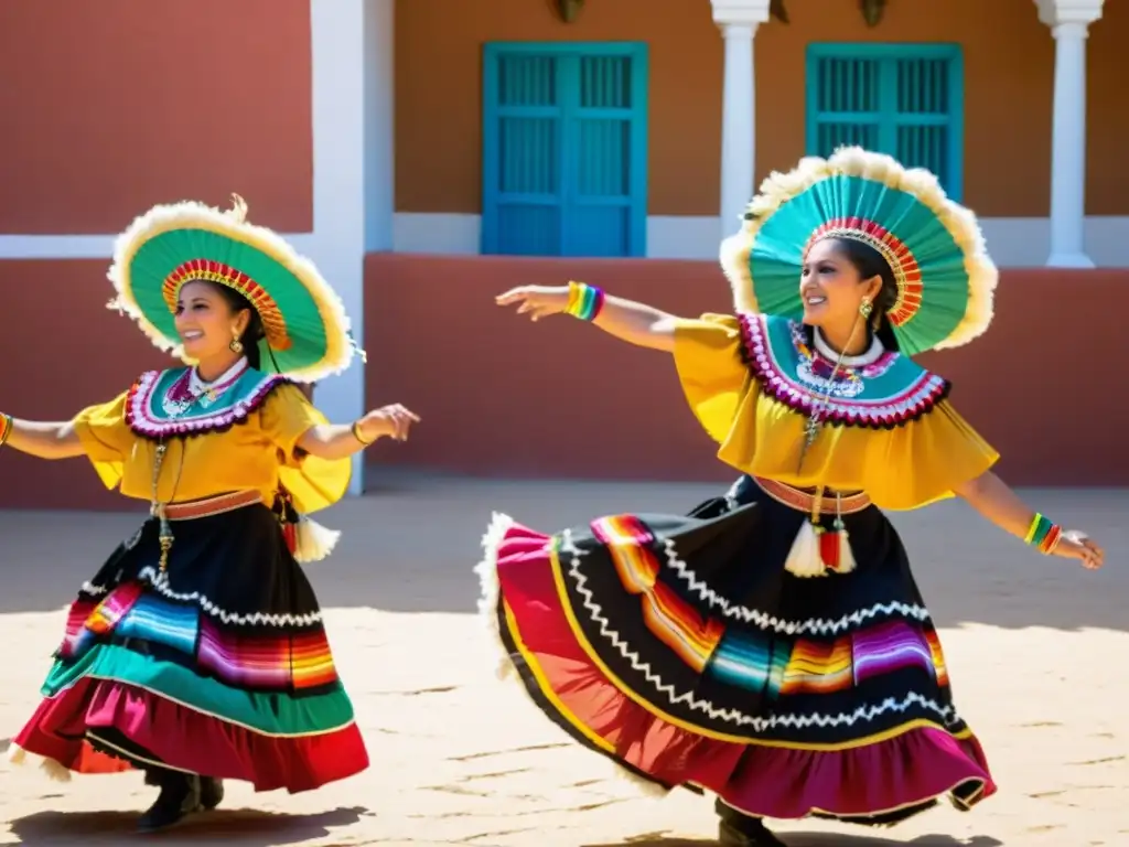 Imagen de la Danza de los Concheros, con bailarines tradicionales mexicanos en trajes vibrantes, realizando una danza ceremonial en un patio soleado