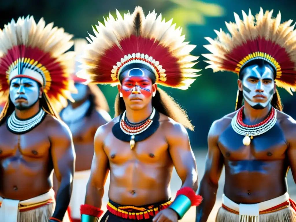 Imagen de la Danza de guerra de Nueva Caledonia: guerreros indígenas con atuendos tradicionales, movimientos poderosos y expresiones intensas