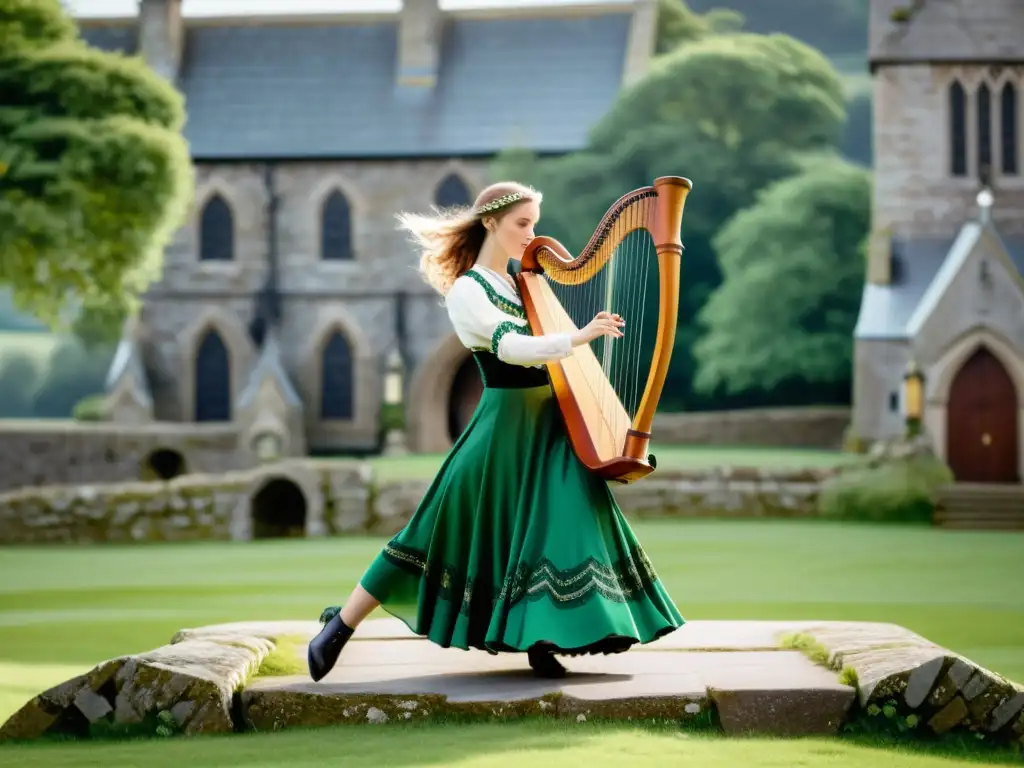 Imagen 8k de danza irlandesa con melodías de arpa celta, capturando la energía dinámica y la belleza atemporal de la cultura celta