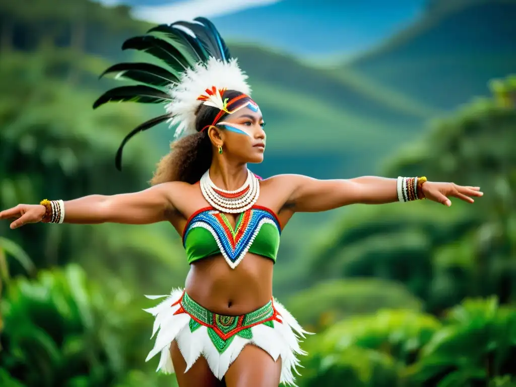 Imagen de danza del pájaro de Nueva Caledonia, con bailarín Kanak adornado, expresando pasión y tradición en un entorno natural exuberante