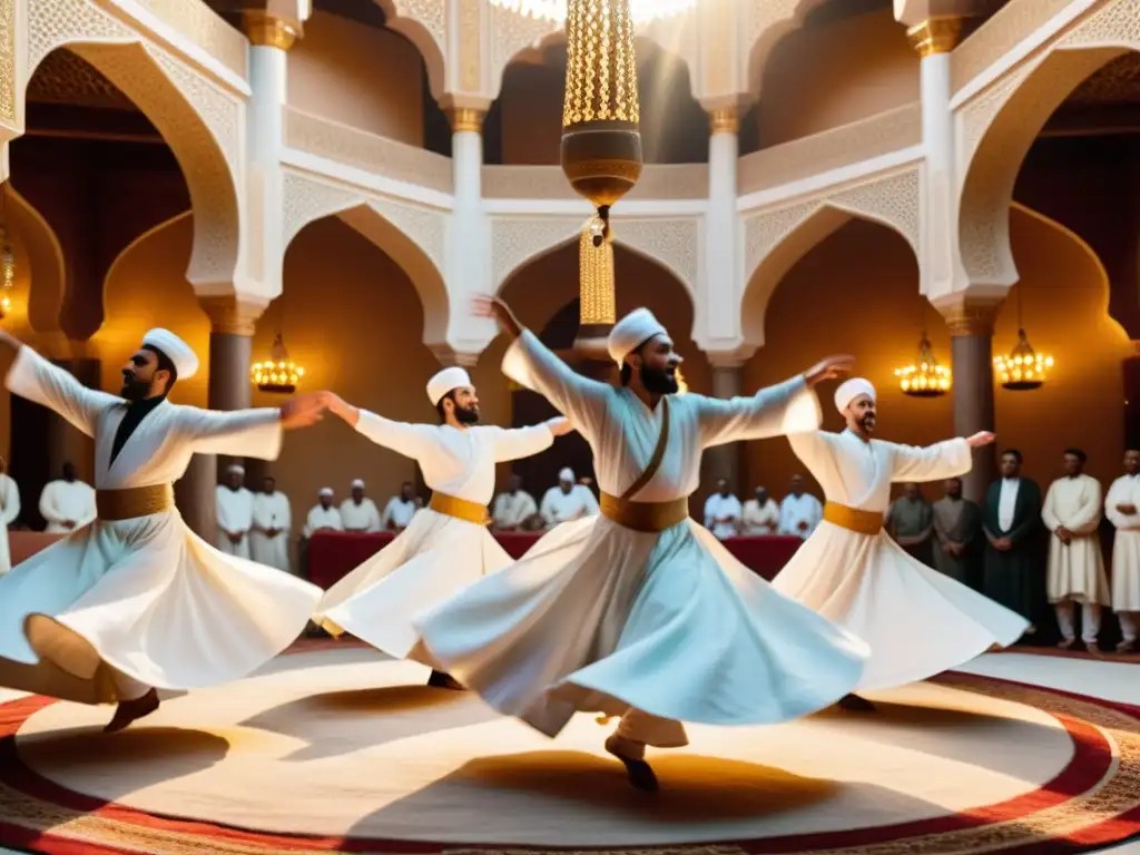 Imagen 8k de danza sufí con patrones hipnóticos en túnicas blancas, significado cultural danza sufí