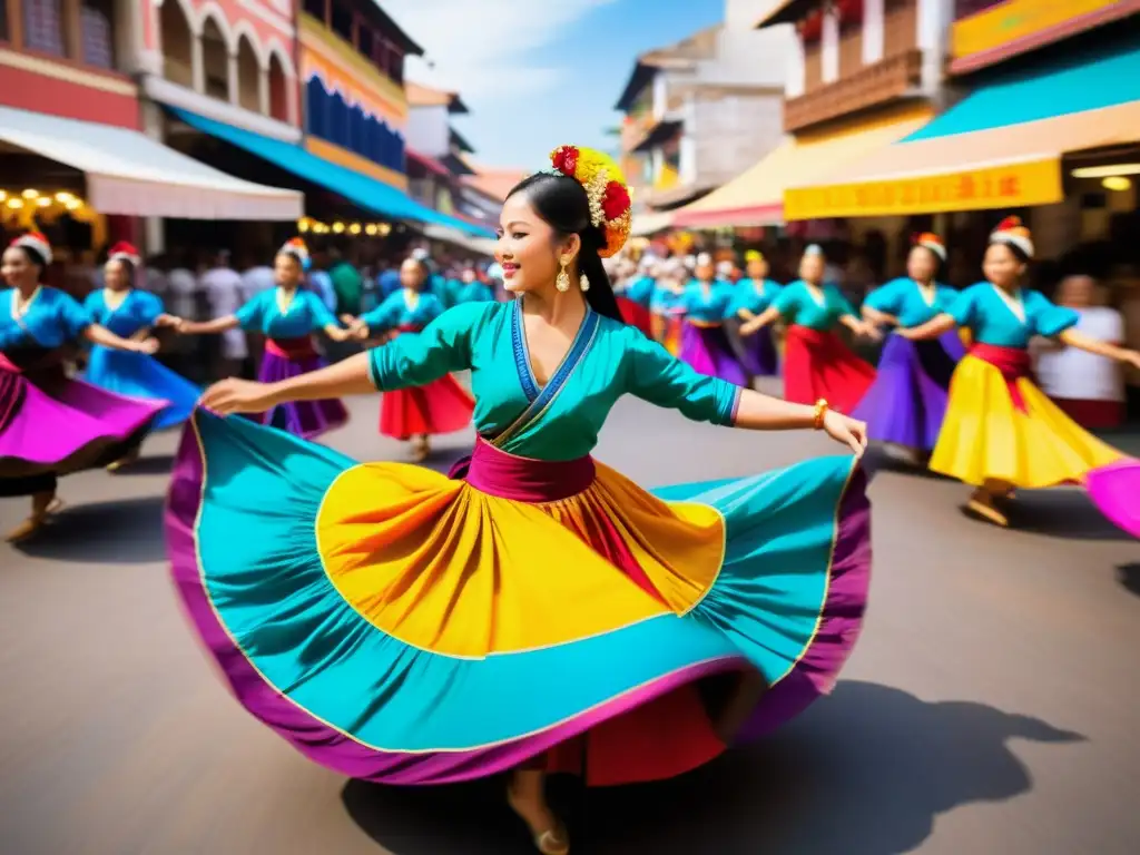 Imagen de danza tradicional en un bullicioso mercado, con trajes coloridos y movimientos elegantes