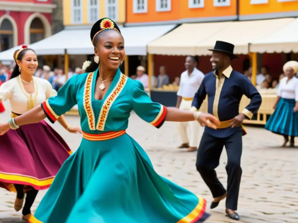 Imagen de danza tradicional en un bullicioso mercado, con coloridos trajes y expresiones de orgullo y alegría