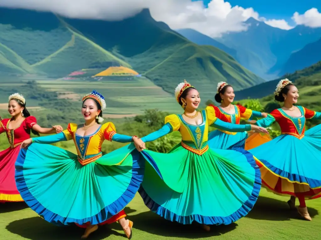 Imagen de danza tradicional como lenguaje universal, con vibrantes trajes y expresiones apasionadas en un escenario al aire libre