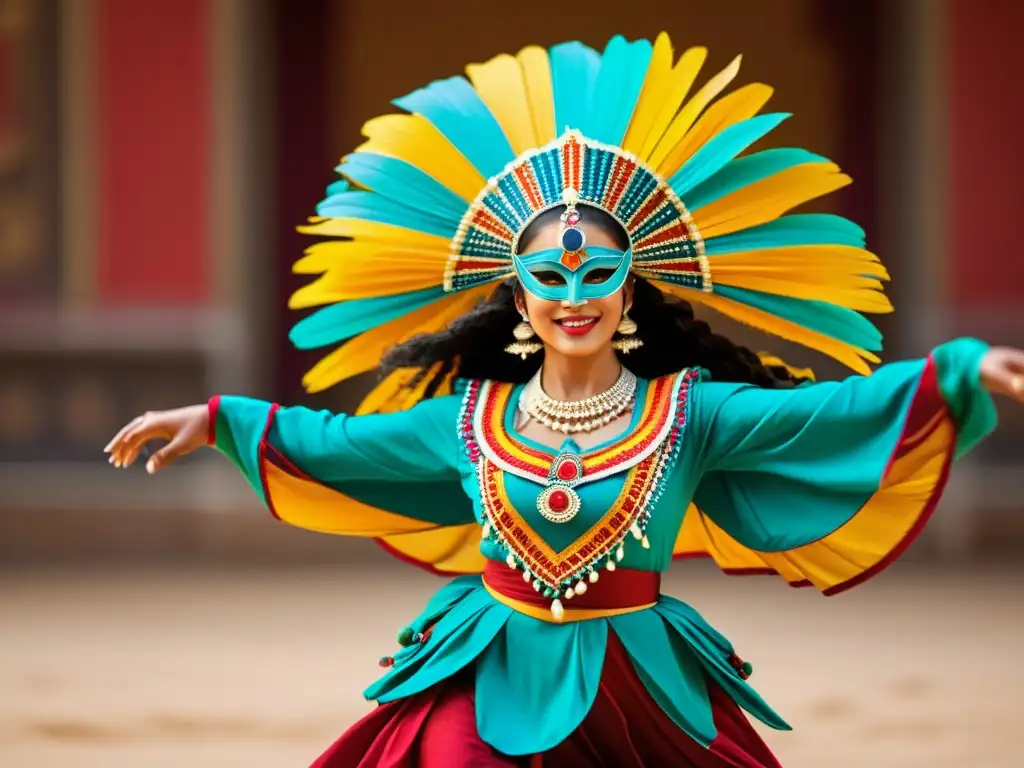 Imagen de danza tradicional con máscaras y trajes vibrantes