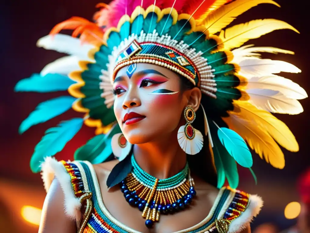 Imagen de danzante con tocado tradicional, resaltando el significado cultural de tocados en danza tradicional con plumas, cuentas y colores vivos