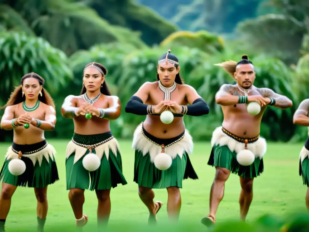 Imagen de danzas maoríes tradicionales con instrumentos poi, capturando la energía y la riqueza cultural de la tradición maorí