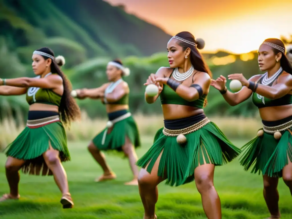 Imagen en 8k de danzas maoríes tradicionales con poi en un frondoso bosque al atardecer, capturando la esencia de la cultura maorí