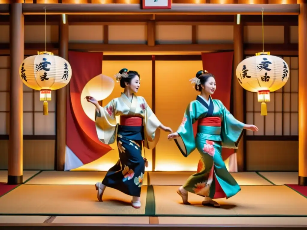 Imagen 8k de danzas tradicionales de Japón: movimientos gráciles, kimonos vibrantes, música tradicional y teatro japonés