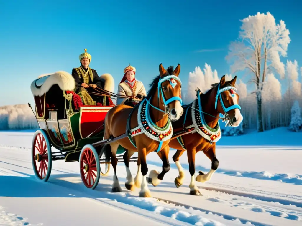 Imagen deslumbrante de un troika ruso tradicional en la nieve, con caballos adornados y un paisaje invernal impresionante