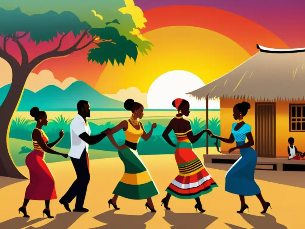 Imagen detallada de una aldea tradicional angoleña con gente bailando la Kizomba en atuendos coloridos, capturando la historia y significado cultural de Angola