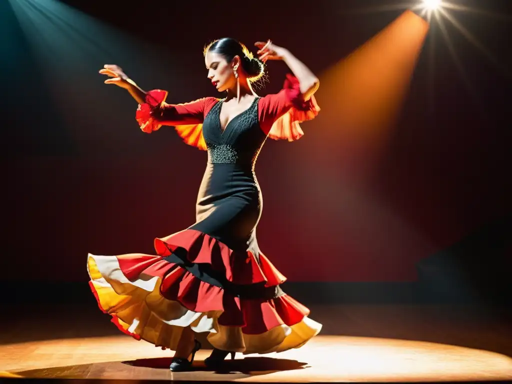 Una imagen detallada y apasionada de una bailarina de flamenco en el escenario, destacando el significado cultural de danzas tradicionales