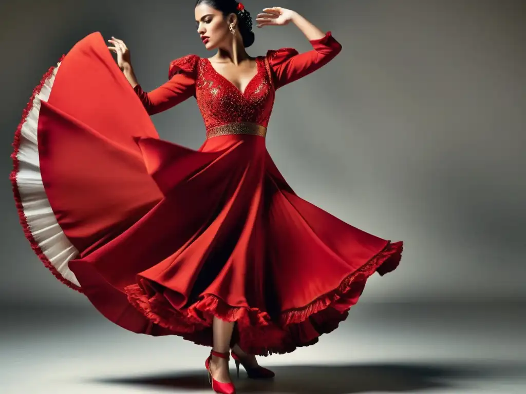 Imagen 8k detallada de bailaora de flamenco en apasionada actuación, capturando el arte de la danza andaluza