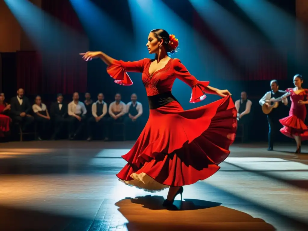 Imagen 8k detallada de bailaora de flamenco en potente actuación, transmitiendo pasión y precisión técnica avanzada taller flamenco zapateo faldeo