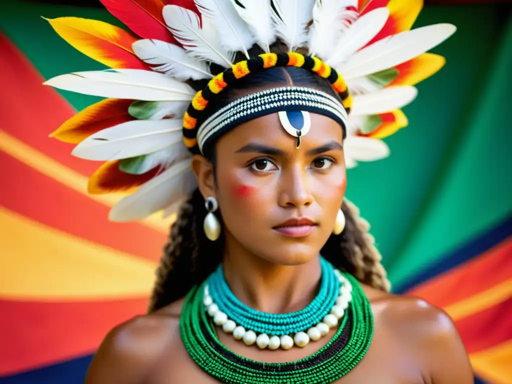 Imagen detallada de un bailarín tradicional de Wallis y Futuna en vibrante vestimenta de tapa, plumas y conchas, en movimiento grácil