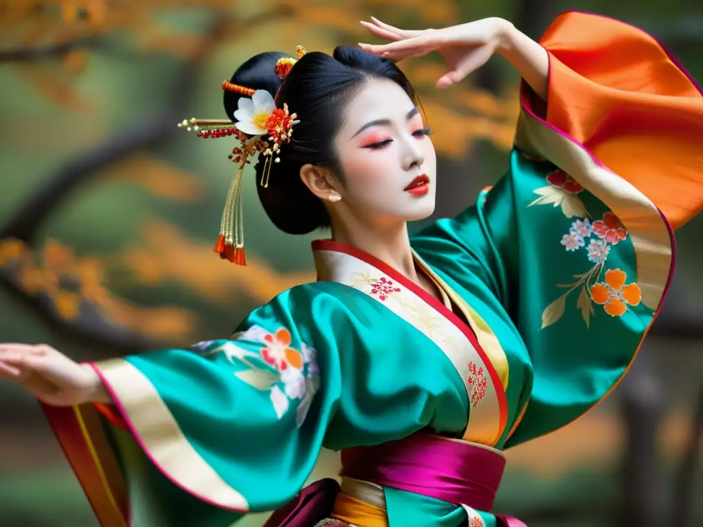 Imagen detallada de una bailarina de Nihon Buyo Japonés ejecutando un movimiento elegante, destacando la belleza cultural y el significado artístico