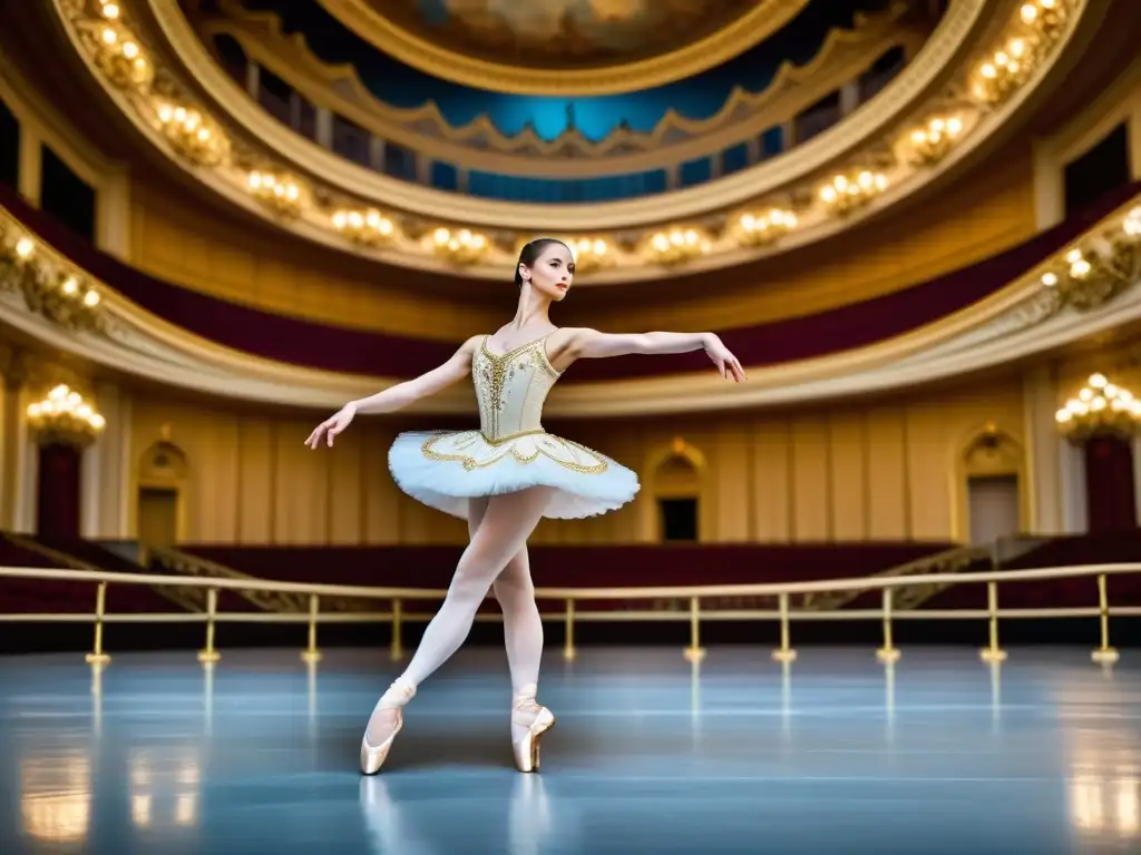 Una imagen detallada de una bailarina en traje de ballet ruso, en punta, con el Teatro Bolshói de fondo