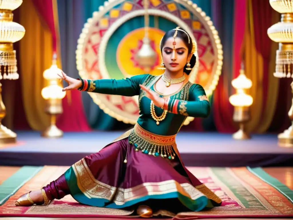 Imagen detallada de una bailarina de Kathak en un vibrante traje tradicional, con joyas y cascabeles, ejecutando un giro elegante