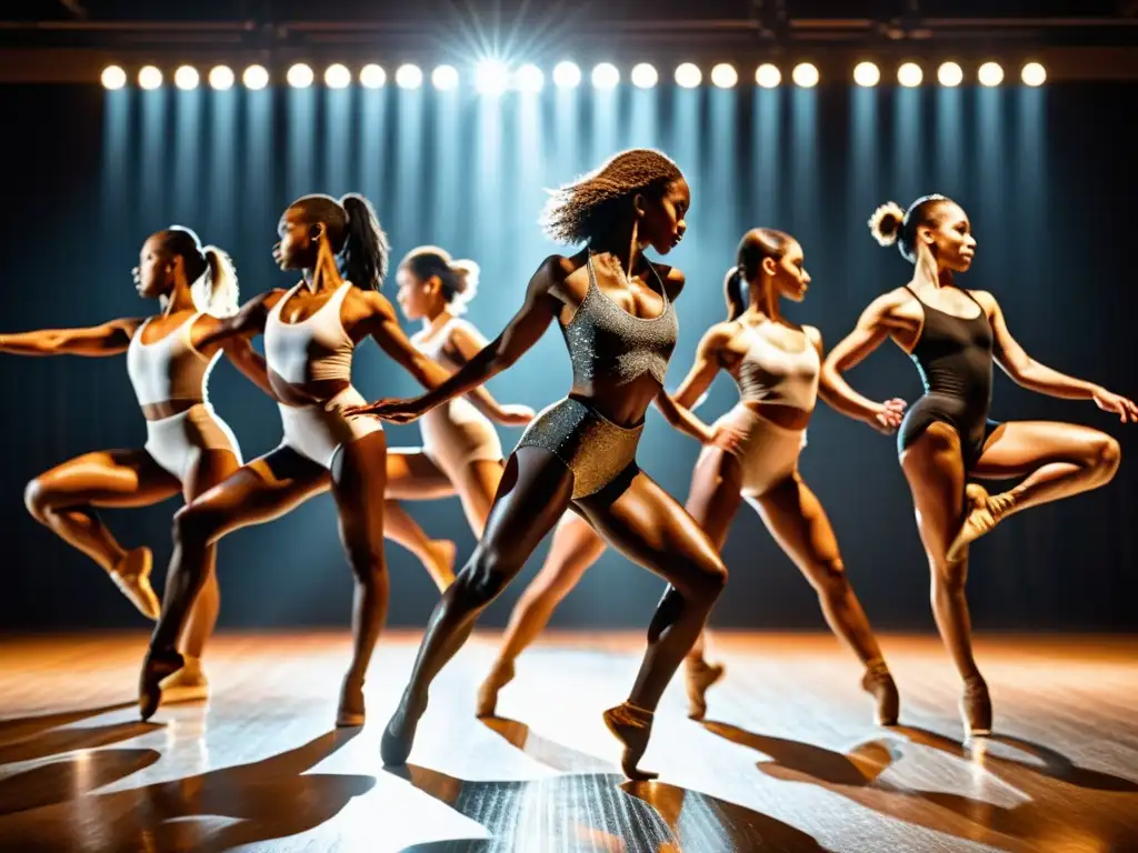 Danza sincronizada: pasión y disciplina en movimiento Una imagen detallada de bailarines en perfecta sincronía, con expresión de pasión y dedicación