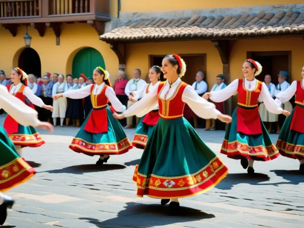 Imagen detallada en 8k de baile tradicional asturiano, con trajes vibrantes y redoble