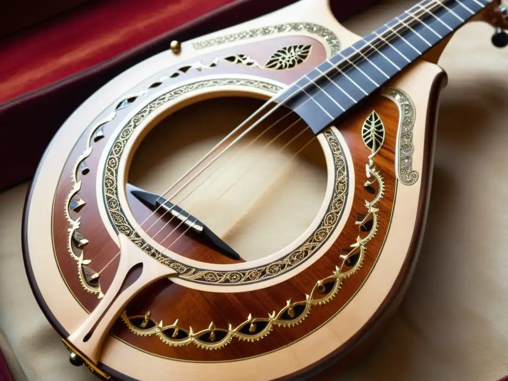 Una imagen detallada y cálida de un saz turco tradicional, resaltando su significado cultural en la danza turca