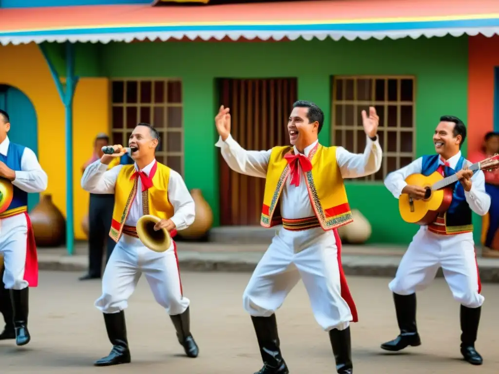 Imagen detallada de la celebración del Aguinaldo venezolano, con músicos, bailes y coloridas decoraciones, capturando la energía festiva y significado cultural del evento